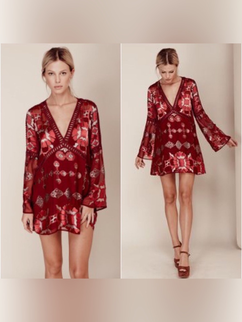 For Love & Lemons Red Floral Silk Dress